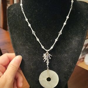 Elegant White Bead Necklace with Circular Pendant